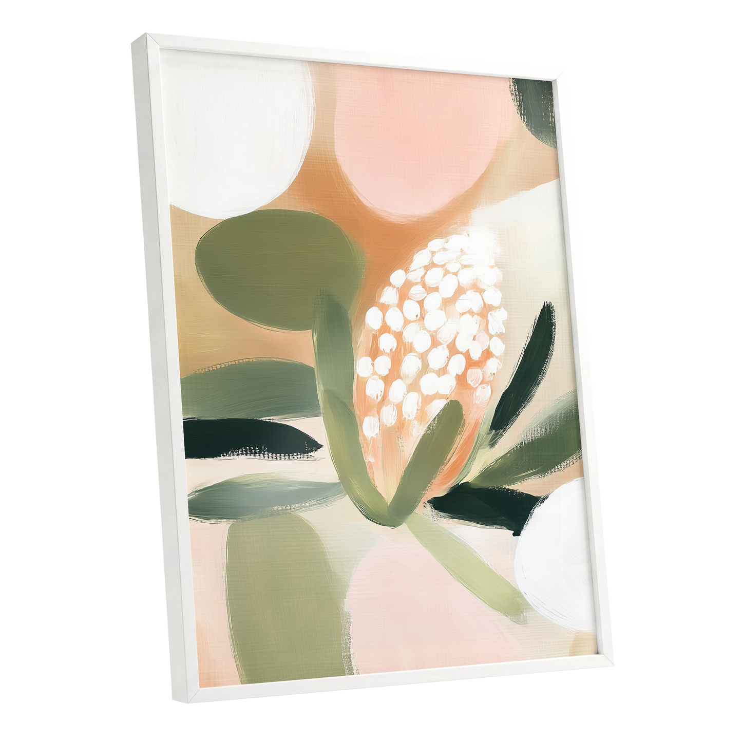 Blush Protea Garden, pink, green, beige floral wall art shown as a white framed poster wall art print
