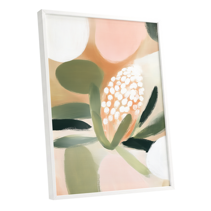Blush Protea Garden, pink, green, beige floral wall art shown as a white framed poster wall art print