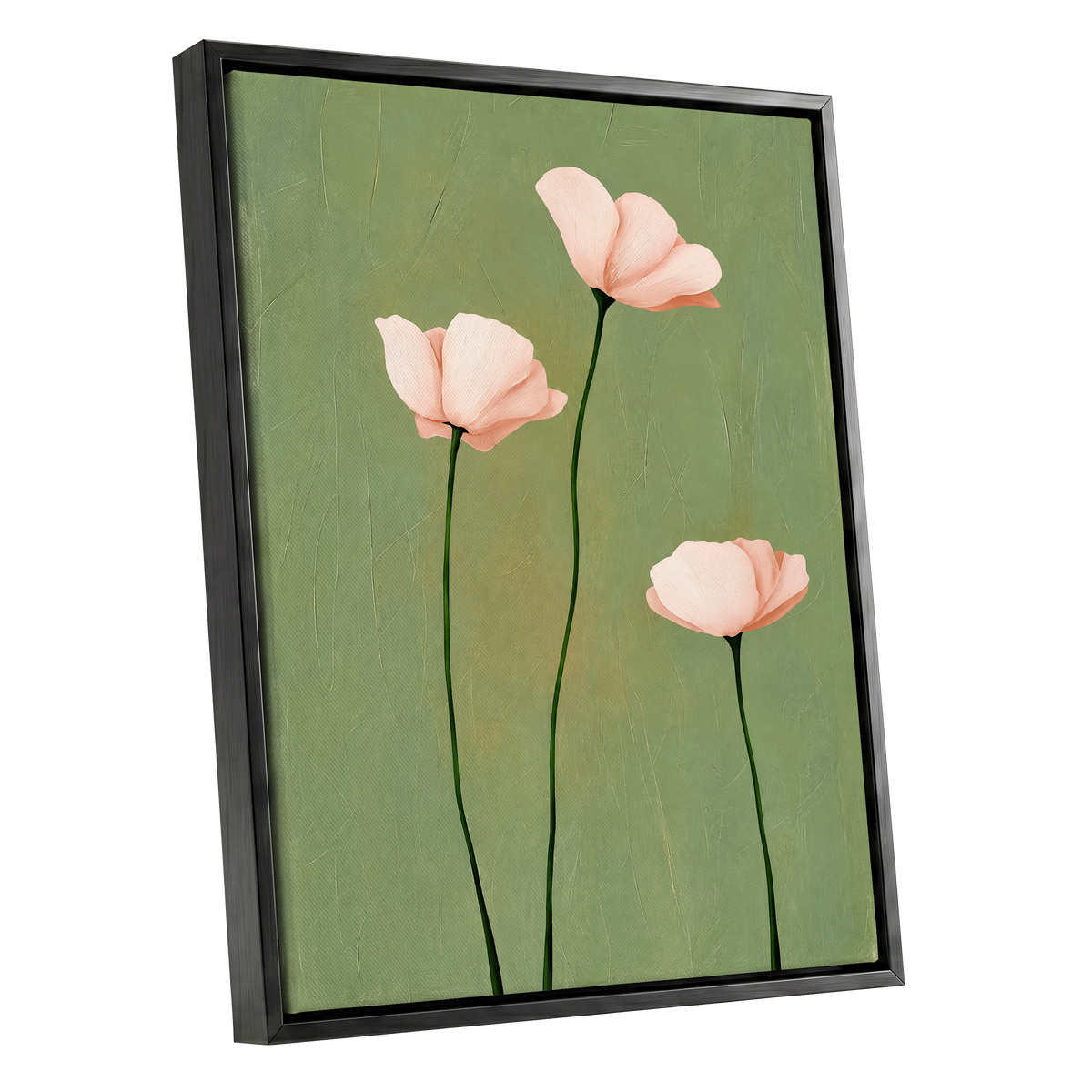 Blush Stem Trio, green, pink, beige floral wall art shown as a black framed canvas wall art