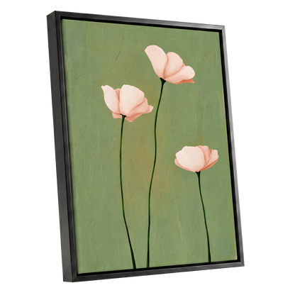 Blush Stem Trio, green, pink, beige floral wall art shown as a black framed canvas wall art