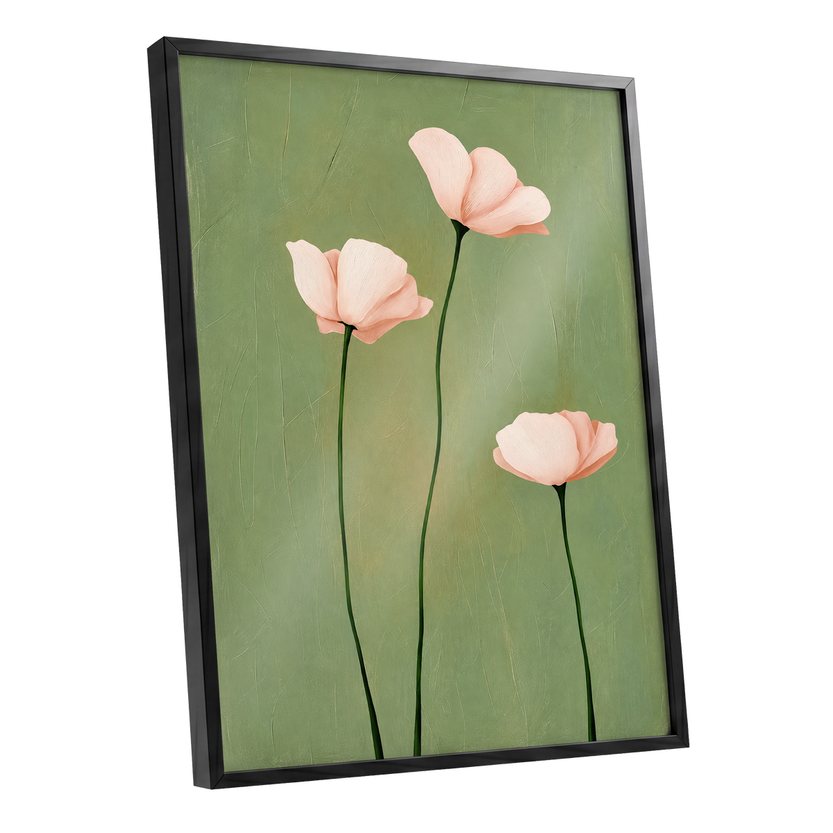 Blush Stem Trio, green, pink, beige floral wall art shown as a black framed poster wall art print