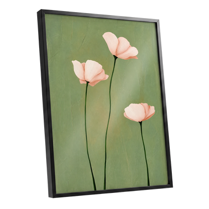 Blush Stem Trio, green, pink, beige floral wall art shown as a black framed poster wall art print