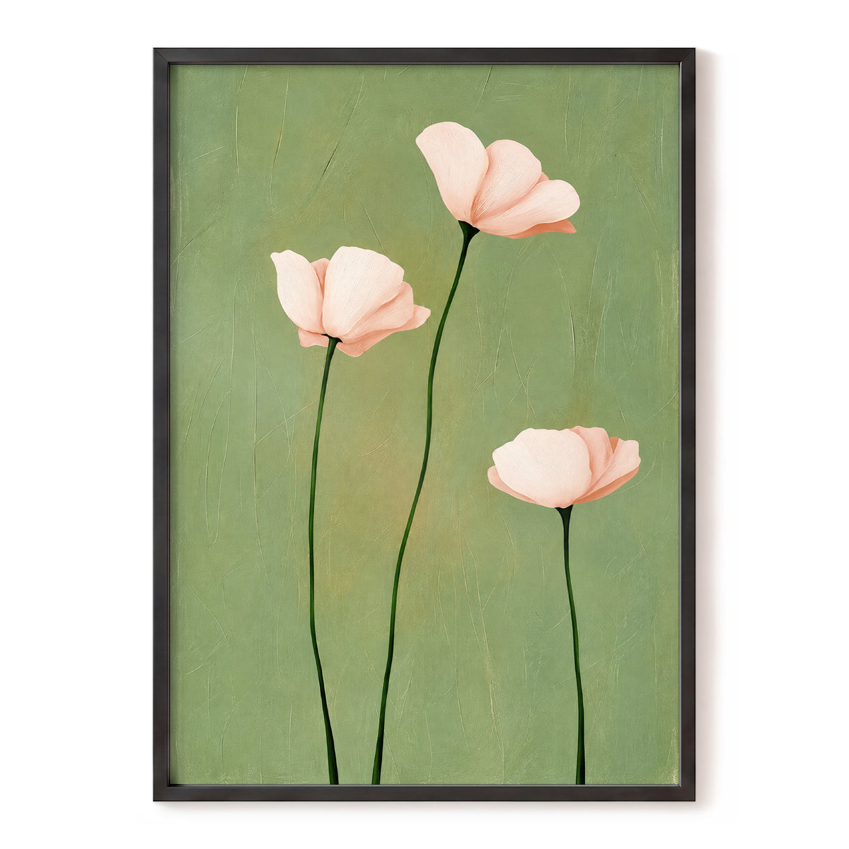 Blush Stem Trio, green, pink, beige floral wall art, front artwork view