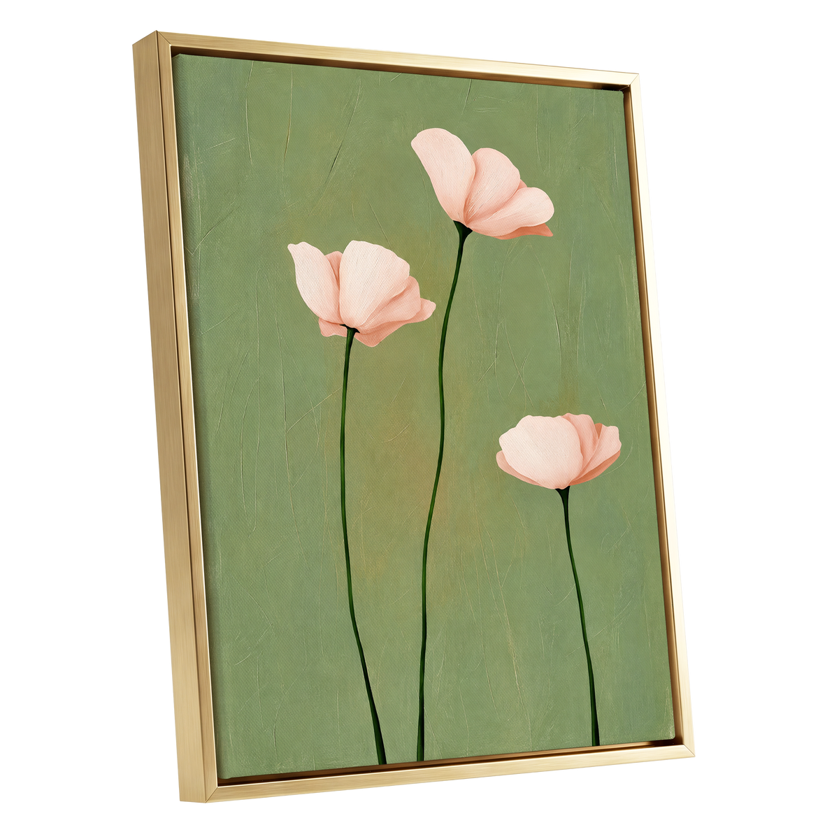 Blush Stem Trio, green, pink, beige floral wall art shown as a gold framed canvas wall art
