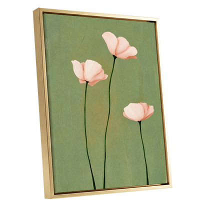 Blush Stem Trio, green, pink, beige floral wall art shown as a gold framed canvas wall art