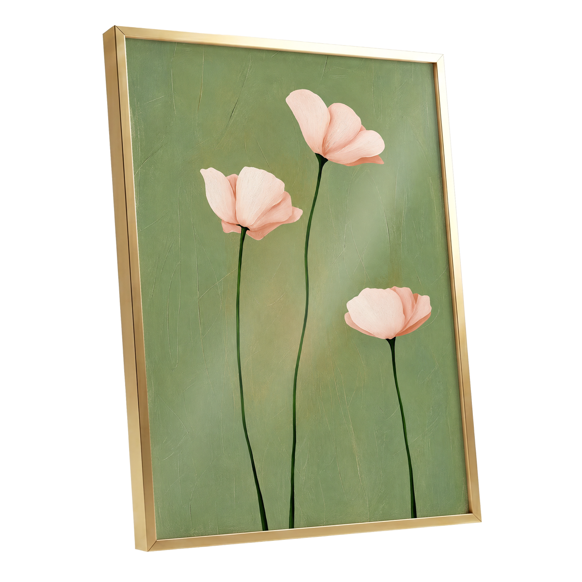 Blush Stem Trio, green, pink, beige floral wall art shown as a gold framed poster wall art print