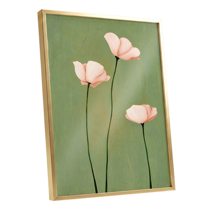 Blush Stem Trio, green, pink, beige floral wall art shown as a gold framed poster wall art print