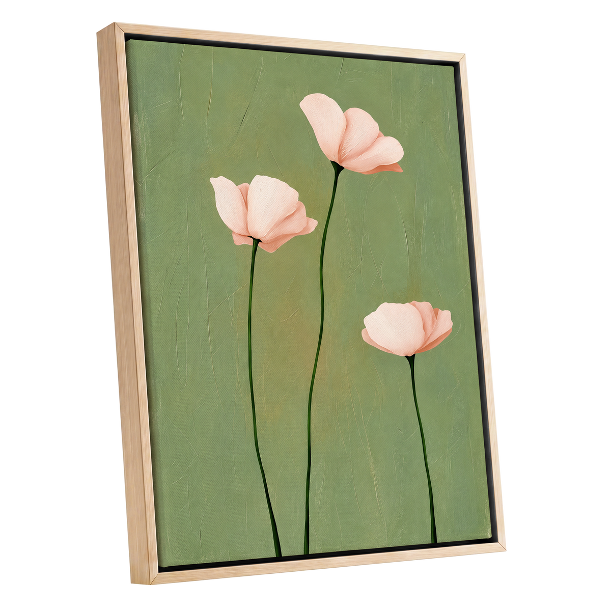 Blush Stem Trio, green, pink, beige floral wall art shown as a oak framed canvas wall art