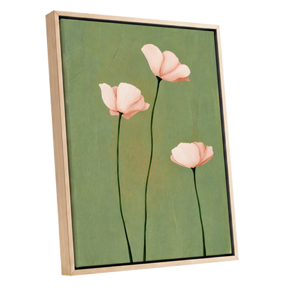 Blush Stem Trio, green, pink, beige floral wall art shown as a oak framed canvas wall art