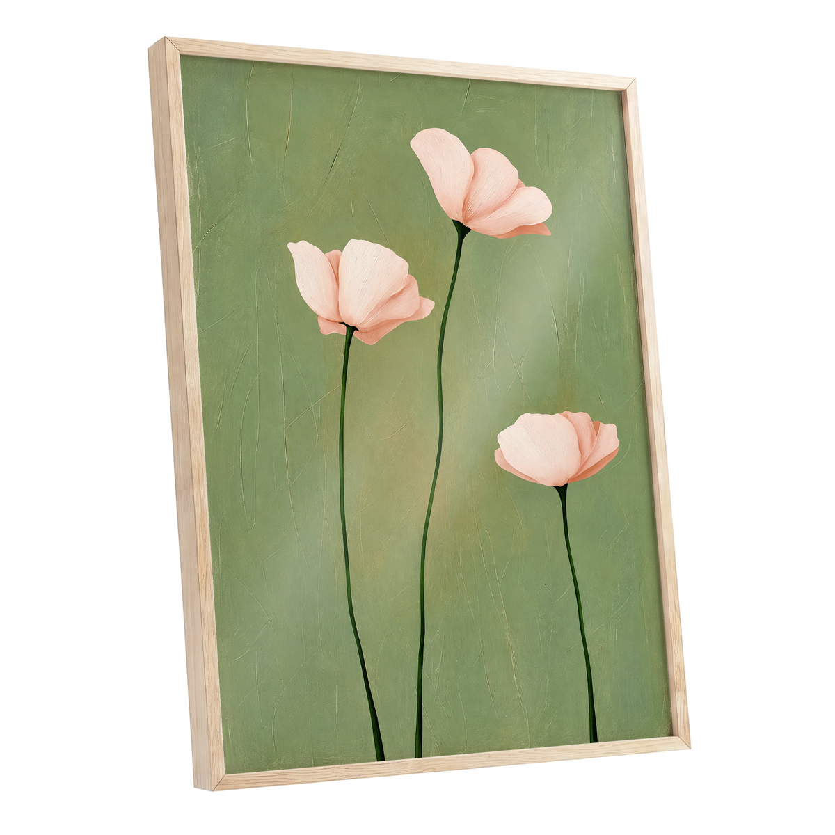 Blush Stem Trio, green, pink, beige floral wall art shown as a oak framed poster wall art print