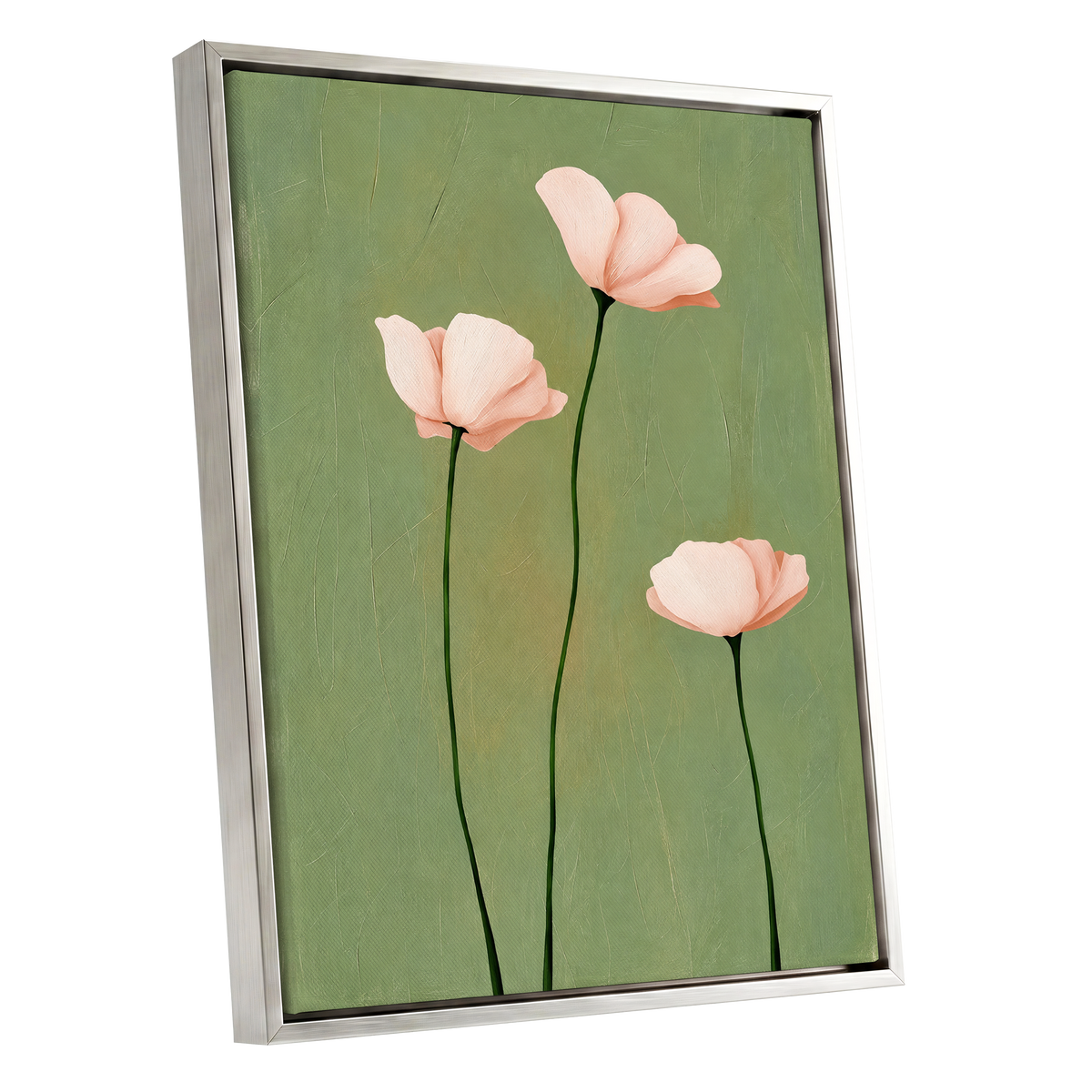 Blush Stem Trio, green, pink, beige floral wall art shown as a silver framed canvas wall art