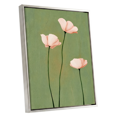 Blush Stem Trio, green, pink, beige floral wall art shown as a silver framed canvas wall art