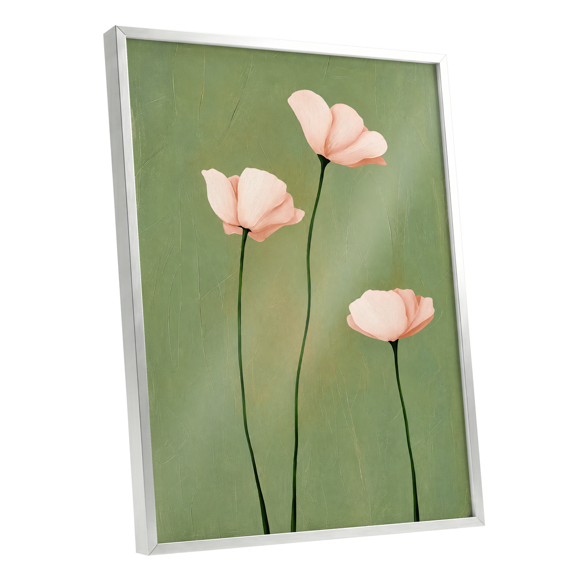 Blush Stem Trio, green, pink, beige floral wall art shown as a silver framed poster wall art print