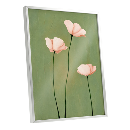 Blush Stem Trio, green, pink, beige floral wall art shown as a silver framed poster wall art print