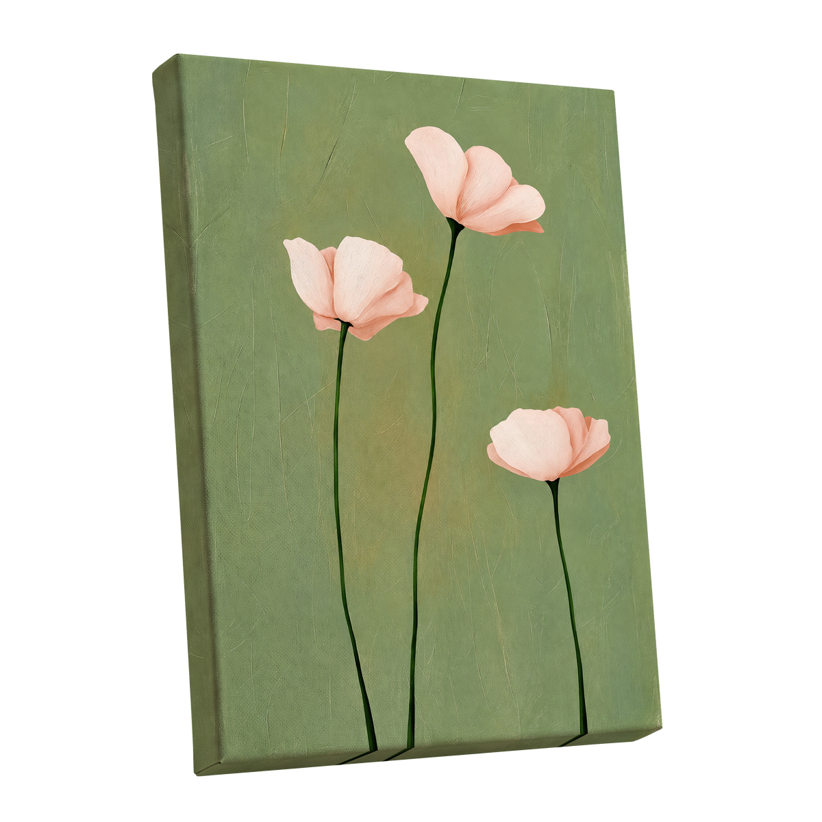 Blush Stem Trio, green, pink, beige floral wall art shown as a stretched canvas wall art