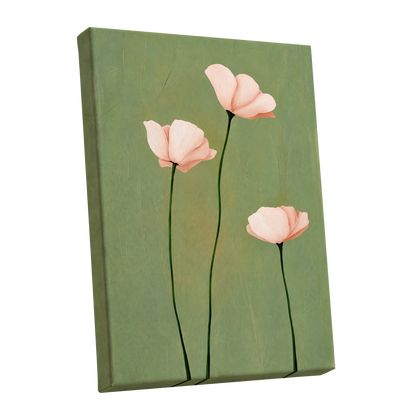 Blush Stem Trio, green, pink, beige floral wall art shown as a stretched canvas wall art