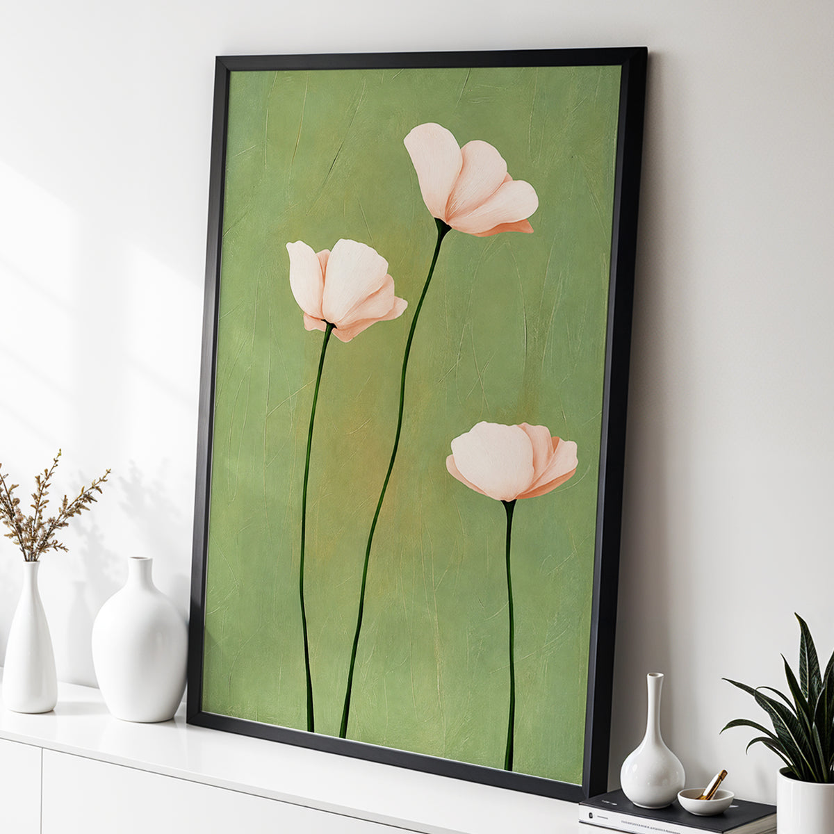 Blush Stem Trio, green, pink, beige floral wall art displayed in a styled interior, gallery view 2