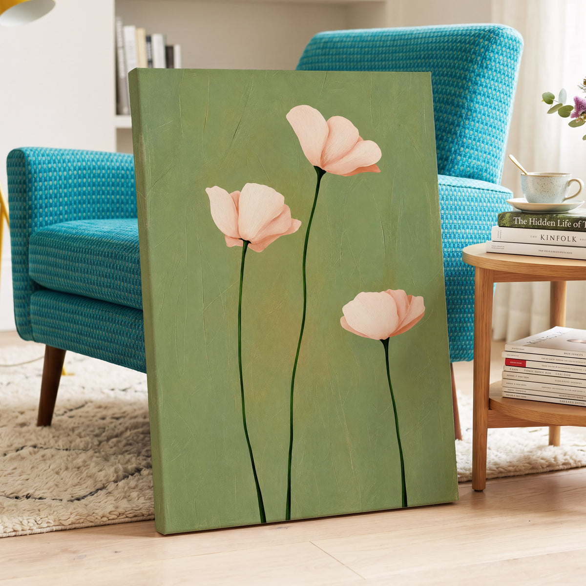Blush Stem Trio, green, pink, beige floral wall art displayed in a styled interior, gallery view 3