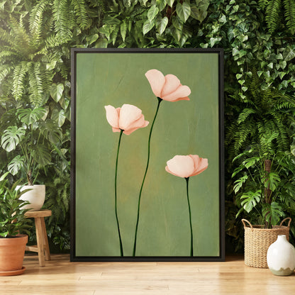 Blush Stem Trio, green, pink, beige floral wall art displayed in a styled interior, gallery view 4