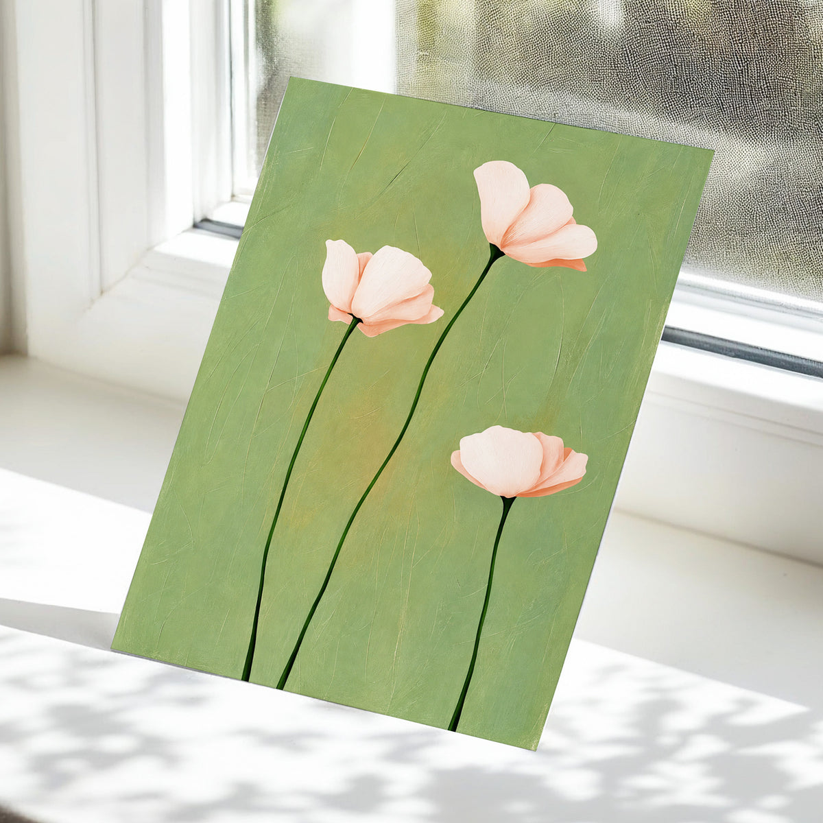 Blush Stem Trio, green, pink, beige floral wall art displayed in a styled interior, gallery view 5