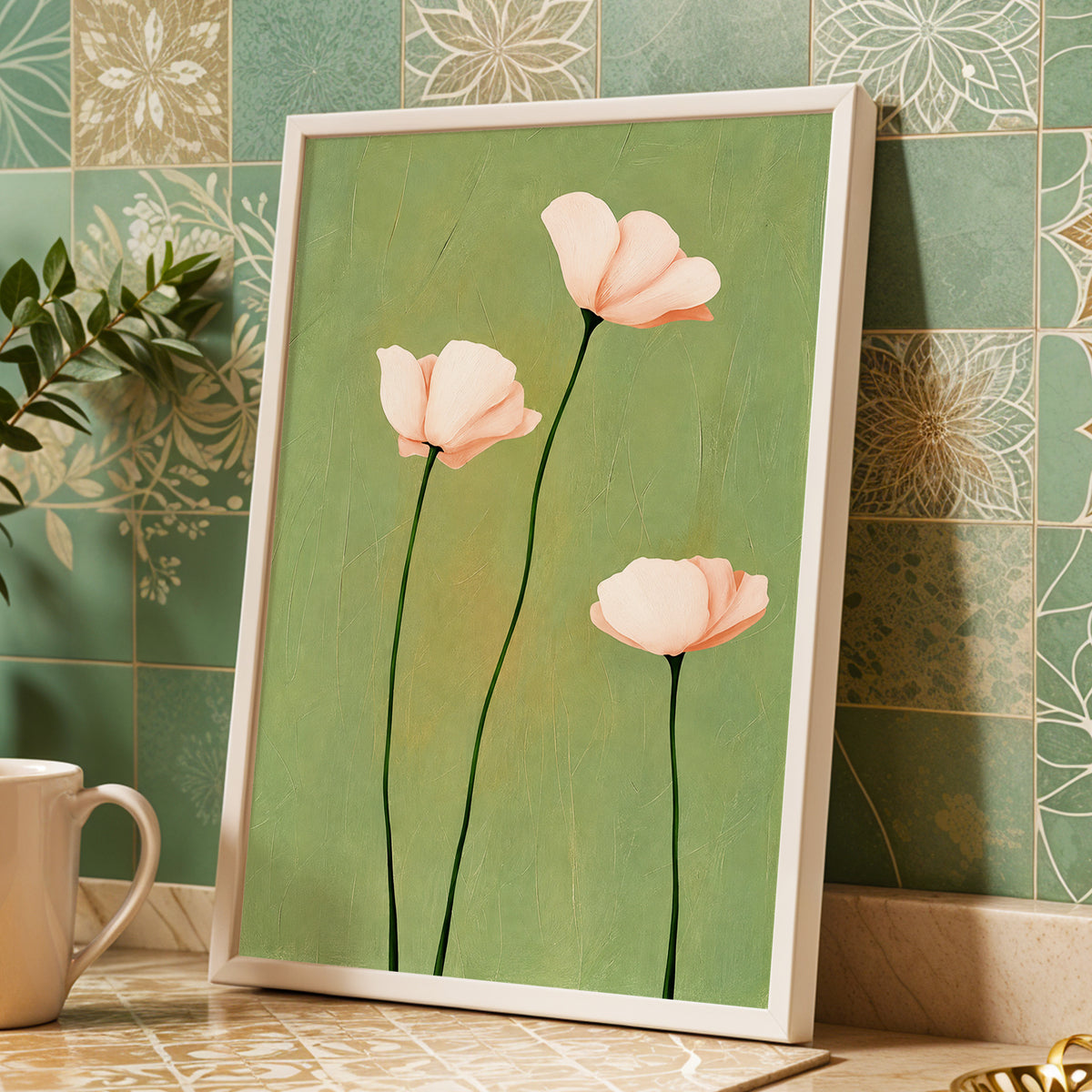 Blush Stem Trio, green, pink, beige floral wall art displayed in a styled interior, gallery view 6