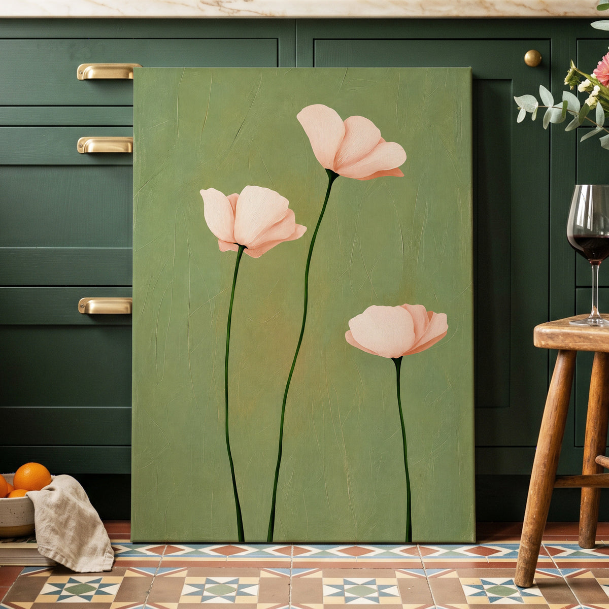 Blush Stem Trio, green, pink, beige floral wall art displayed in a styled interior, gallery view 7