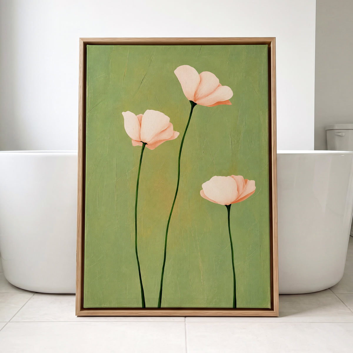 Blush Stem Trio, green, pink, beige floral wall art displayed in a styled interior, gallery view 8
