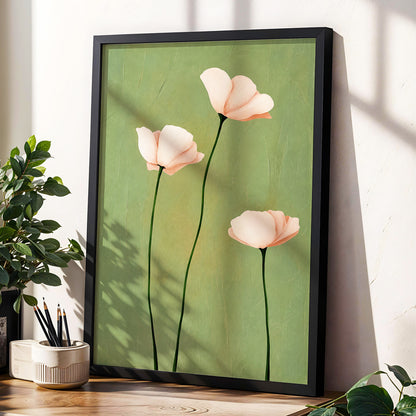 Blush Stem Trio, green, pink, beige floral wall art displayed in a styled interior, gallery view 9