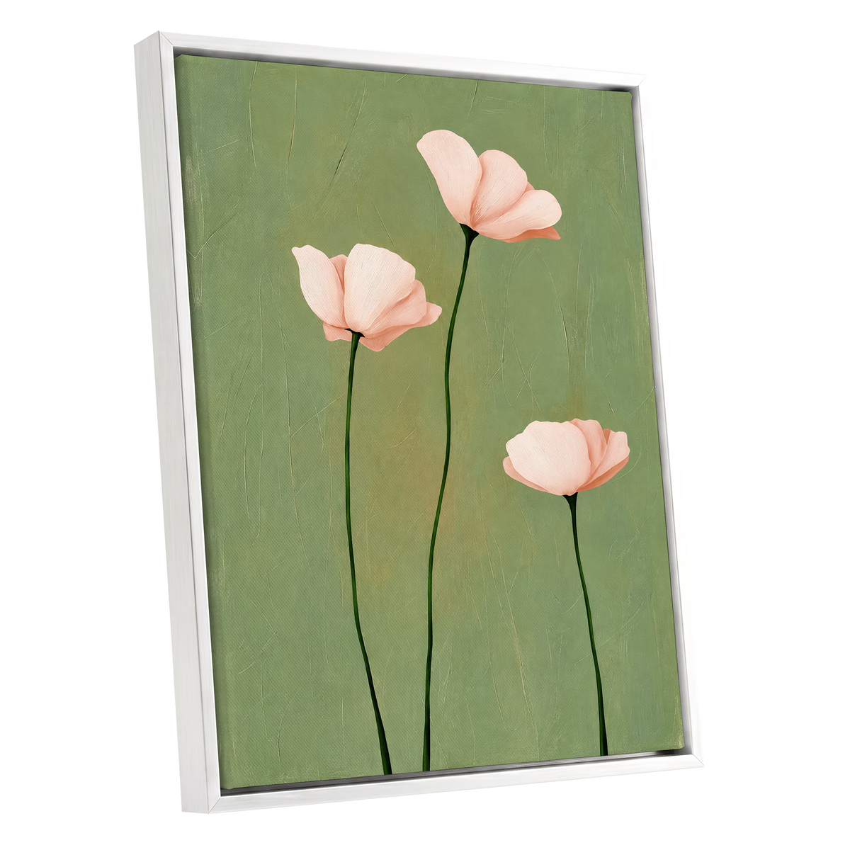 Blush Stem Trio, green, pink, beige floral wall art shown as a white framed canvas wall art