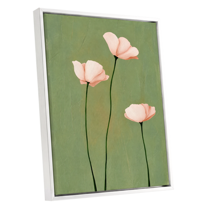 Blush Stem Trio, green, pink, beige floral wall art shown as a white framed canvas wall art