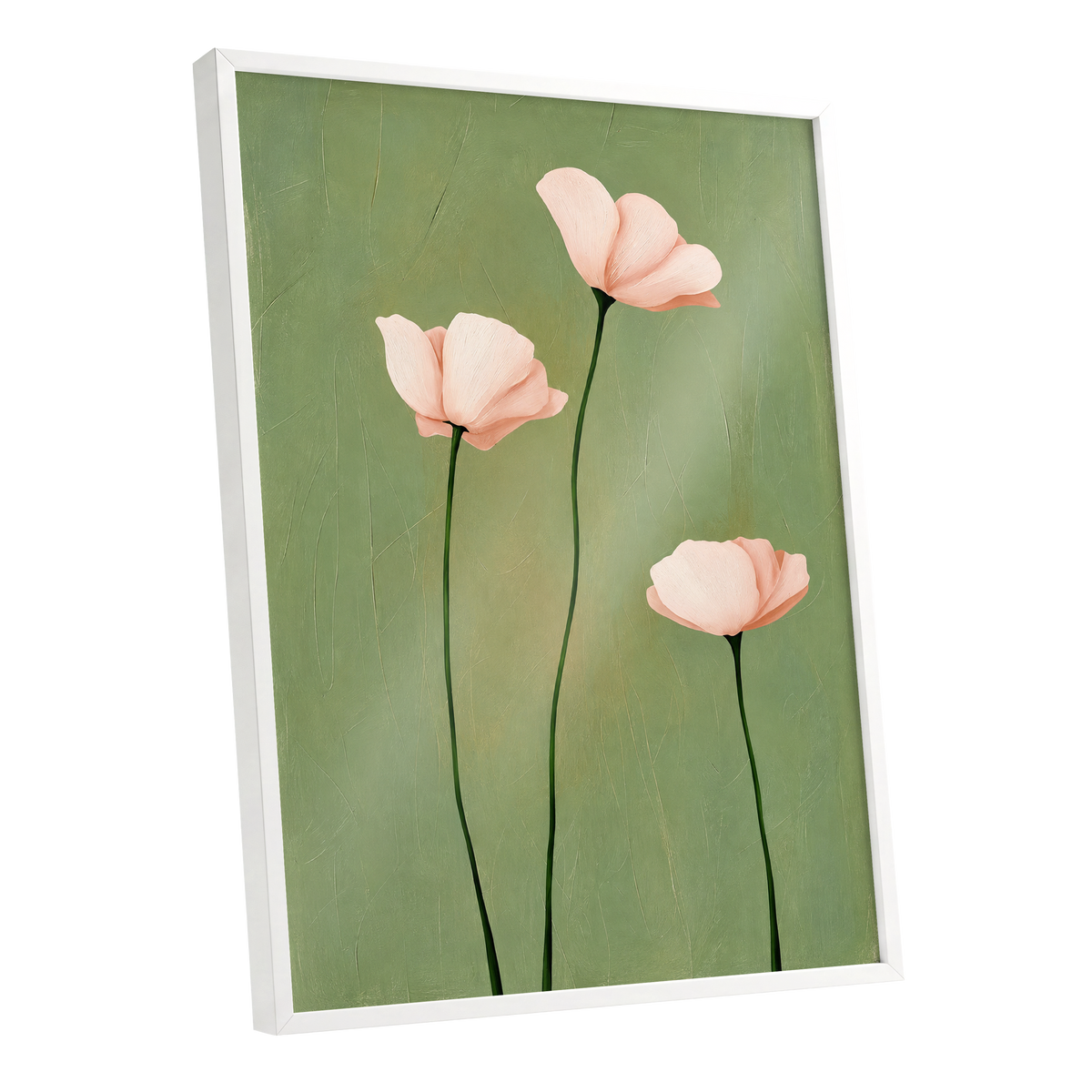 Blush Stem Trio, green, pink, beige floral wall art shown as a white framed poster wall art print
