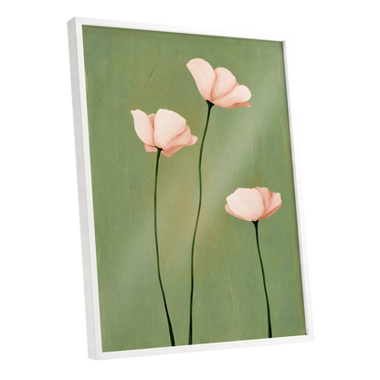 Blush Stem Trio, green, pink, beige floral wall art shown as a white framed poster wall art print
