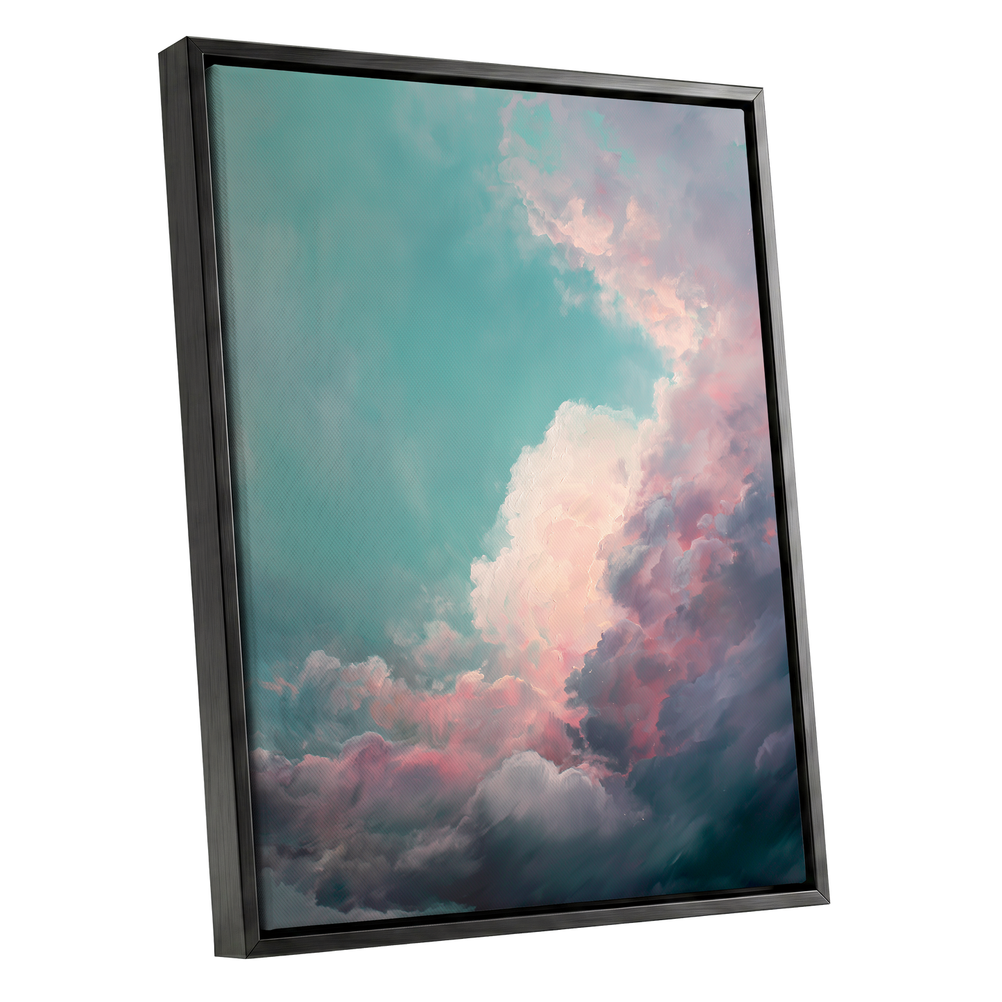 Blush Tempest, blue, green, pink nature wall art shown as a black framed canvas wall art