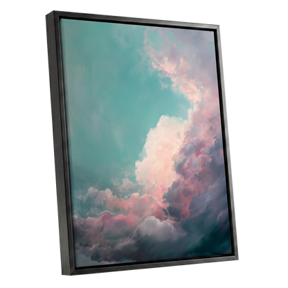 Blush Tempest, blue, green, pink nature wall art shown as a black framed canvas wall art