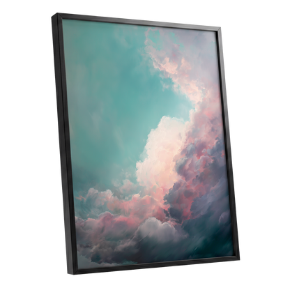 Blush Tempest, blue, green, pink nature wall art shown as a black framed poster wall art print