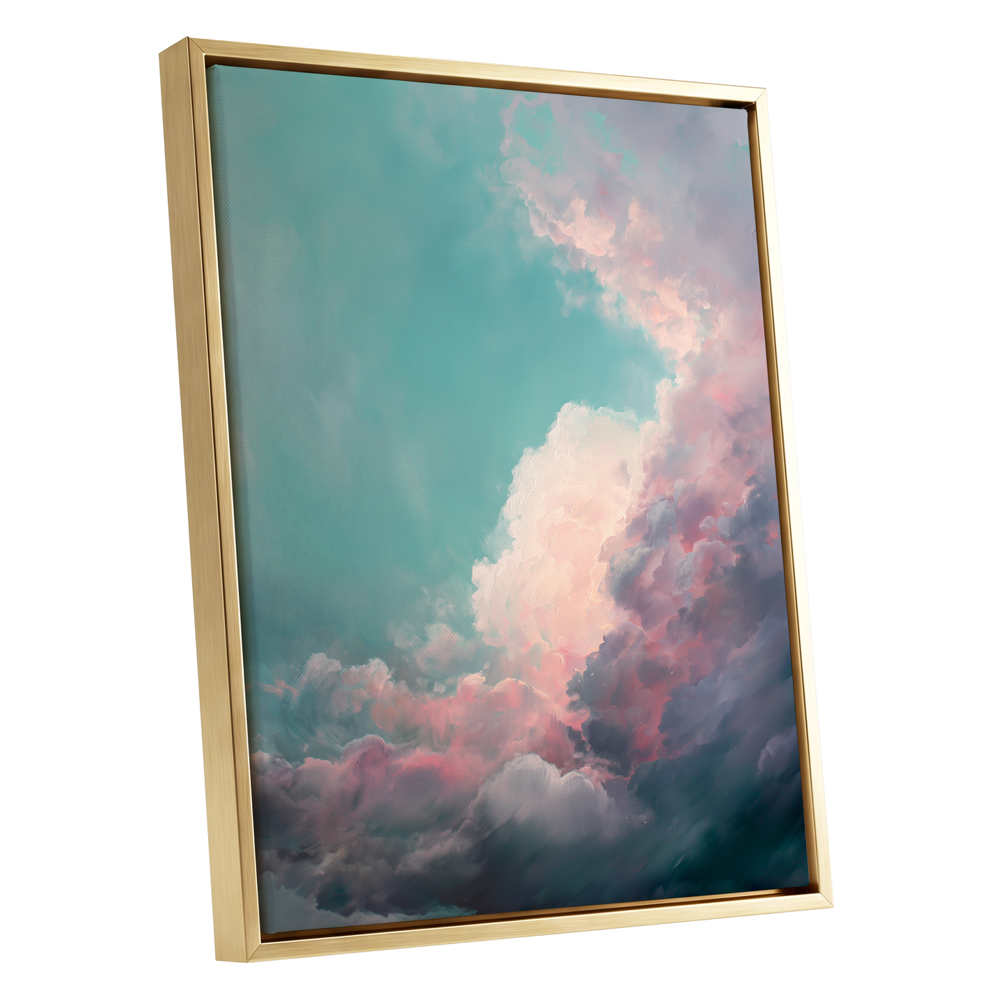 Blush Tempest, blue, green, pink nature wall art shown as a gold framed canvas wall art