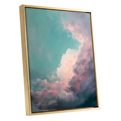 Blush Tempest, blue, green, pink nature wall art shown as a gold framed canvas wall art