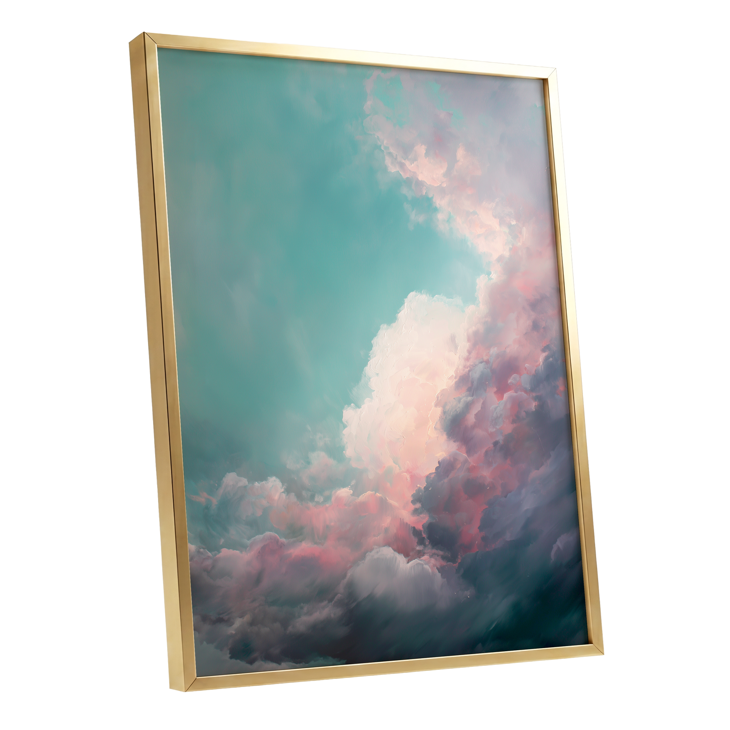 Blush Tempest, blue, green, pink nature wall art shown as a gold framed poster wall art print