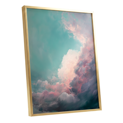 Blush Tempest, blue, green, pink nature wall art shown as a gold framed poster wall art print