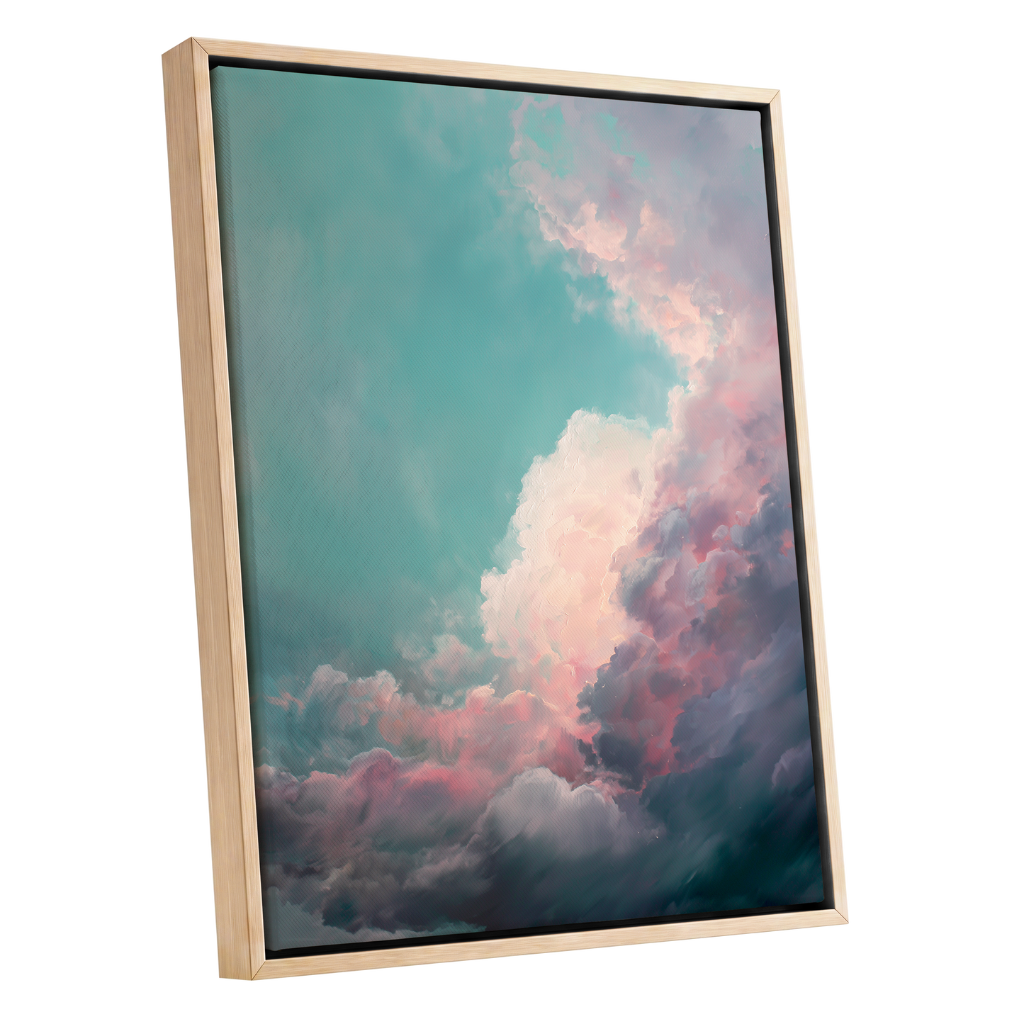 Blush Tempest, blue, green, pink nature wall art shown as a oak framed canvas wall art