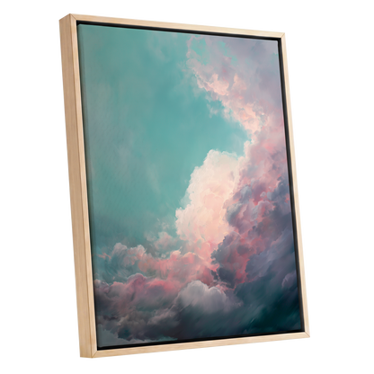 Blush Tempest, blue, green, pink nature wall art shown as a oak framed canvas wall art