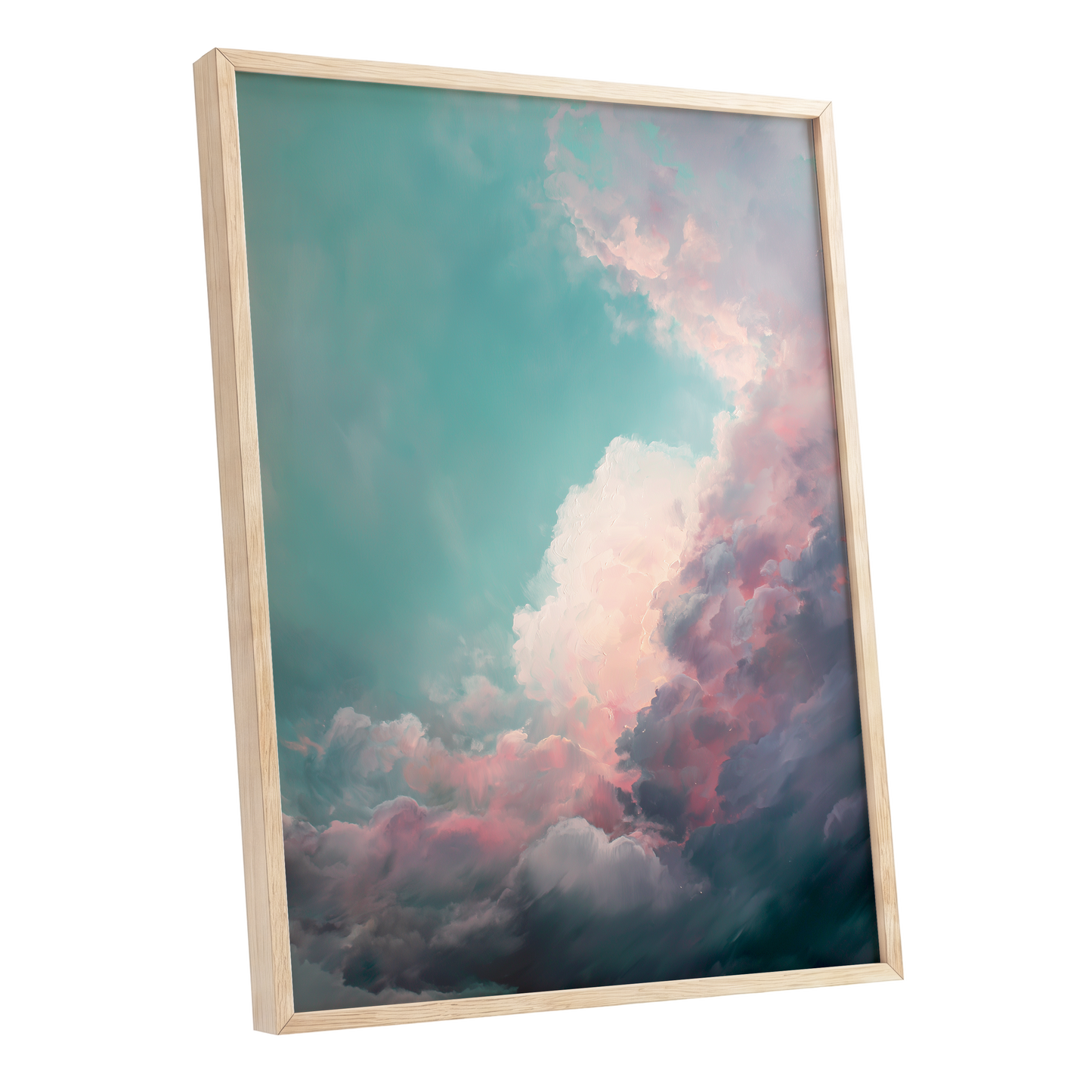 Blush Tempest, blue, green, pink nature wall art shown as a oak framed poster wall art print