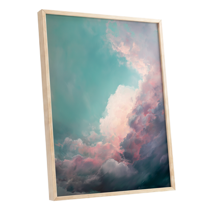 Blush Tempest, blue, green, pink nature wall art shown as a oak framed poster wall art print