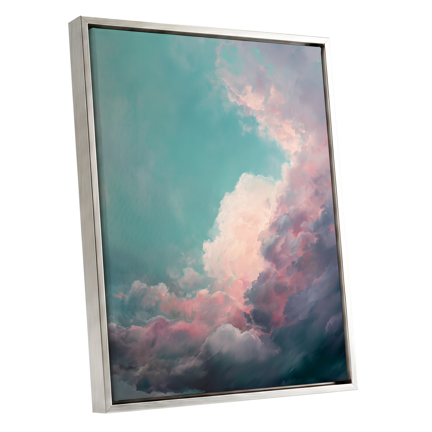 Blush Tempest, blue, green, pink nature wall art shown as a silver framed canvas wall art