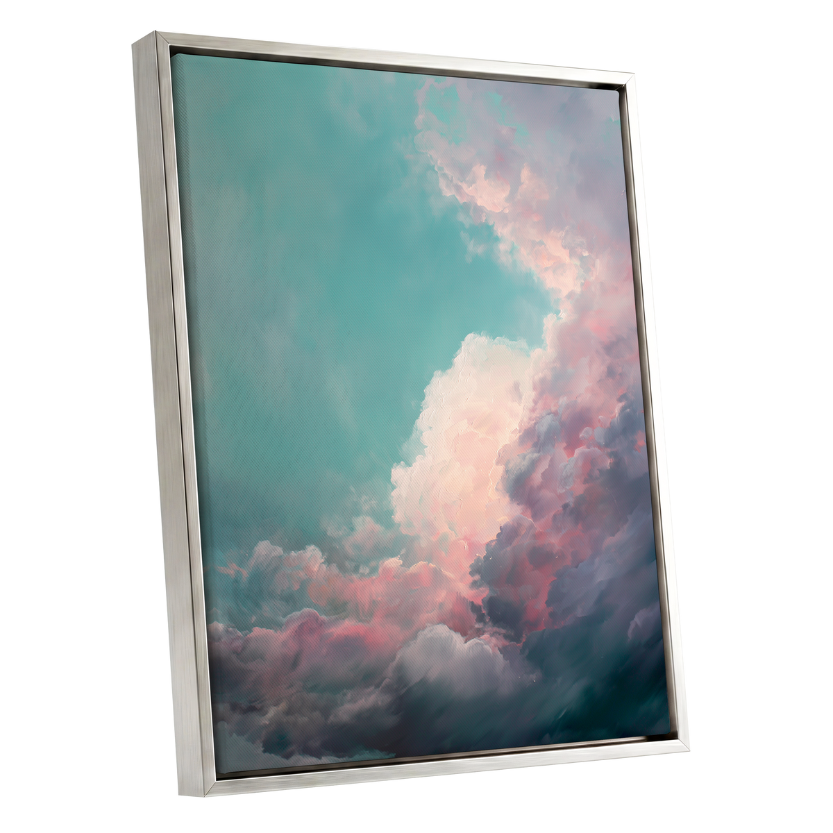 Blush Tempest, blue, green, pink nature wall art shown as a silver framed canvas wall art