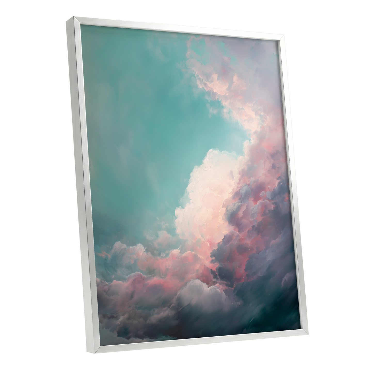 Blush Tempest, blue, green, pink nature wall art shown as a silver framed poster wall art print