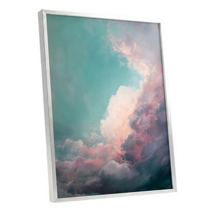 Blush Tempest, blue, green, pink nature wall art shown as a silver framed poster wall art print