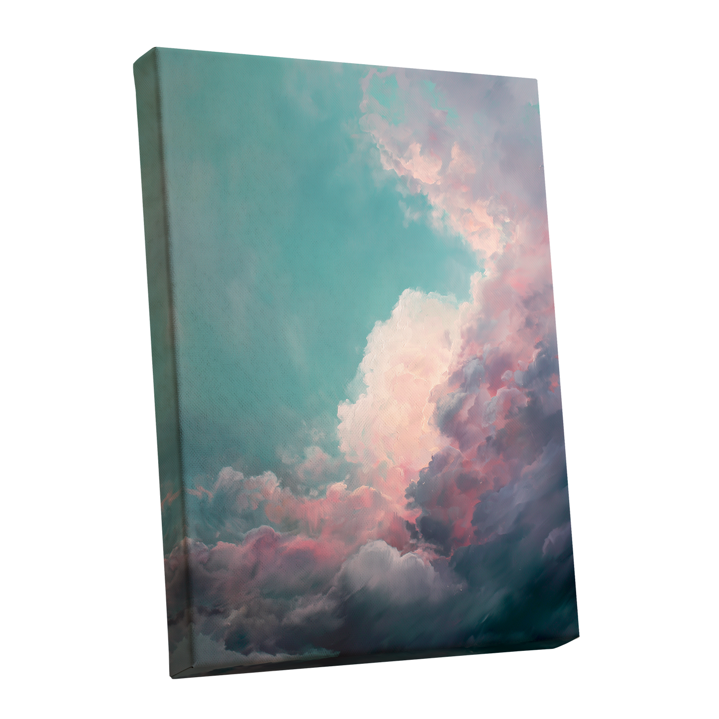 Blush Tempest, blue, green, pink nature wall art shown as a stretched canvas wall art