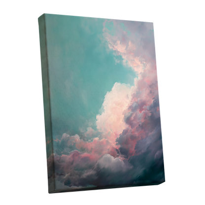 Blush Tempest, blue, green, pink nature wall art shown as a stretched canvas wall art