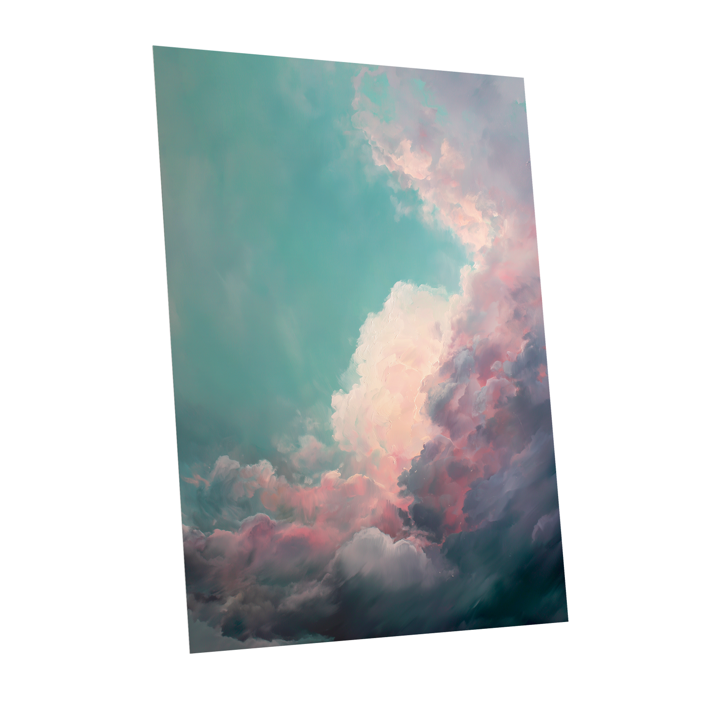 Blush Tempest, blue, green, pink nature wall art shown as a unframed poster wall art print